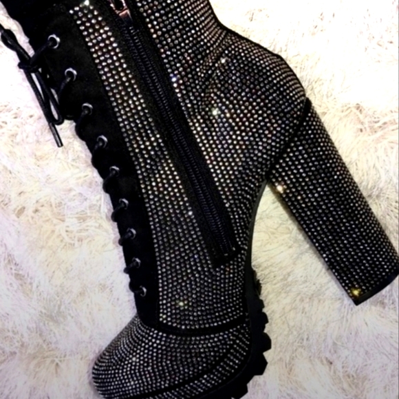 Black rhinestone embellished chunky heel platform boots booties - Picture 4 of 5